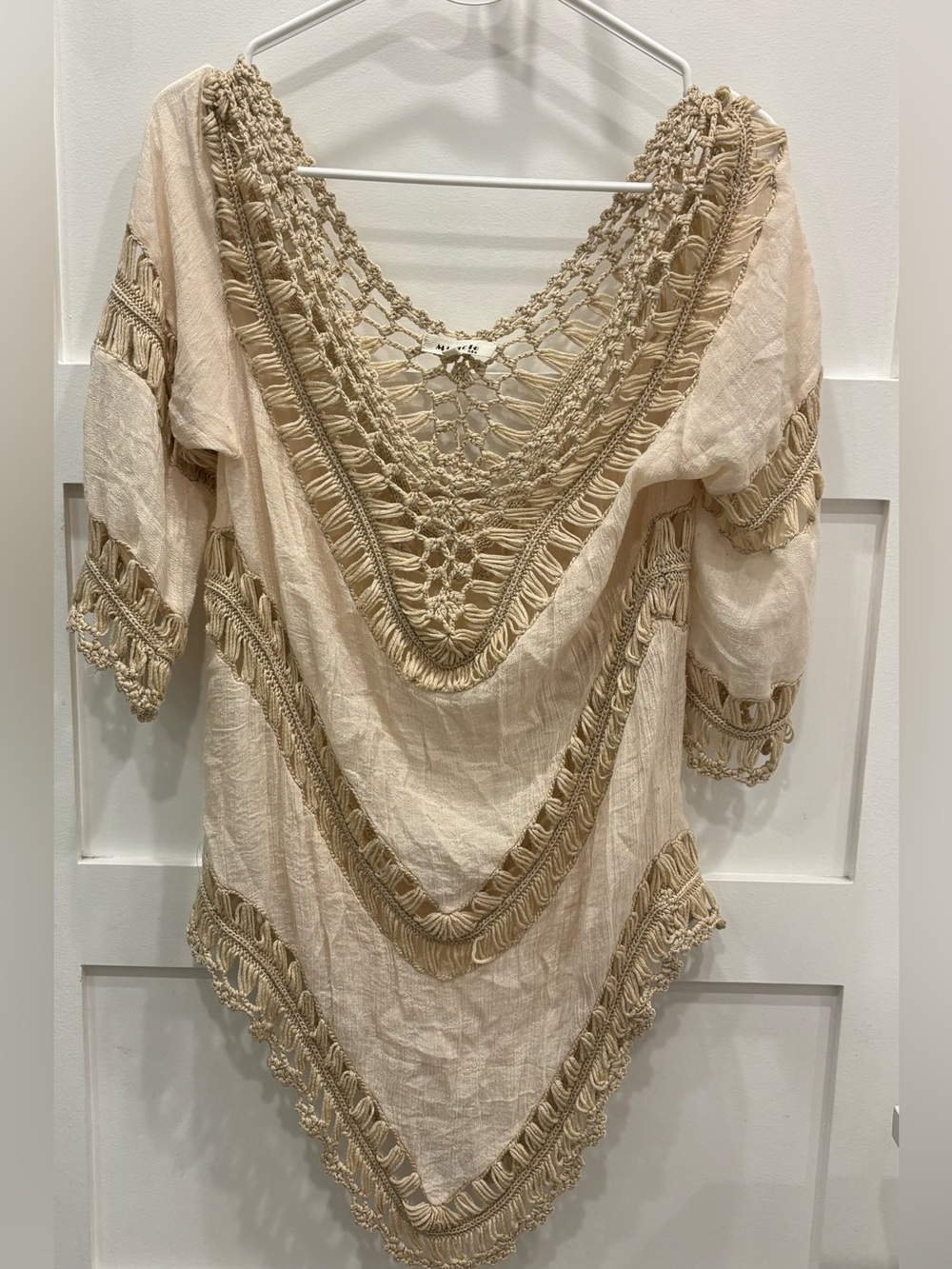 Miracle Cream Crochet-Trim Boho V-Neck Tunic
